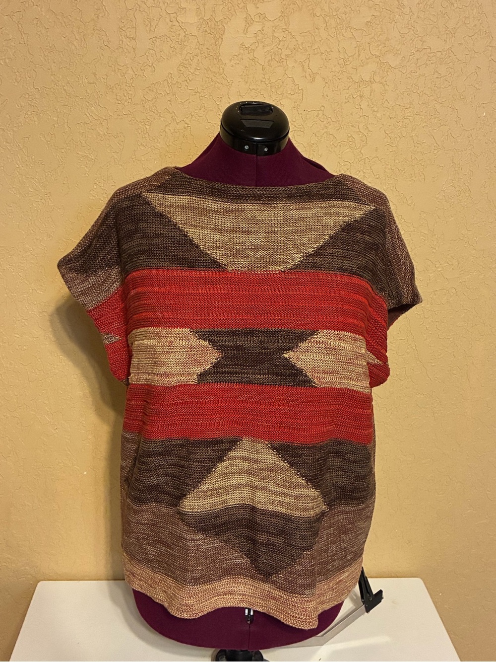 Lauren Ralph Lauren Sweater Knit Womens L/XL Brown Red Linen Poncho Tunic Aztec